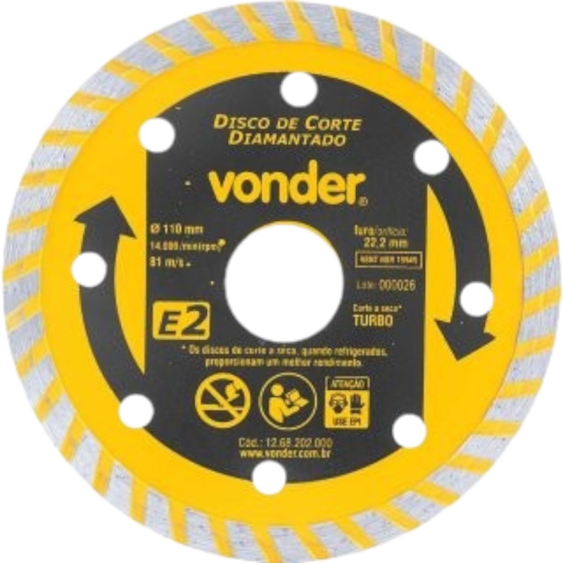 Disco de corte diamantado, 110 mm, furo de 22,2 mm, turbo, E2, Vonder