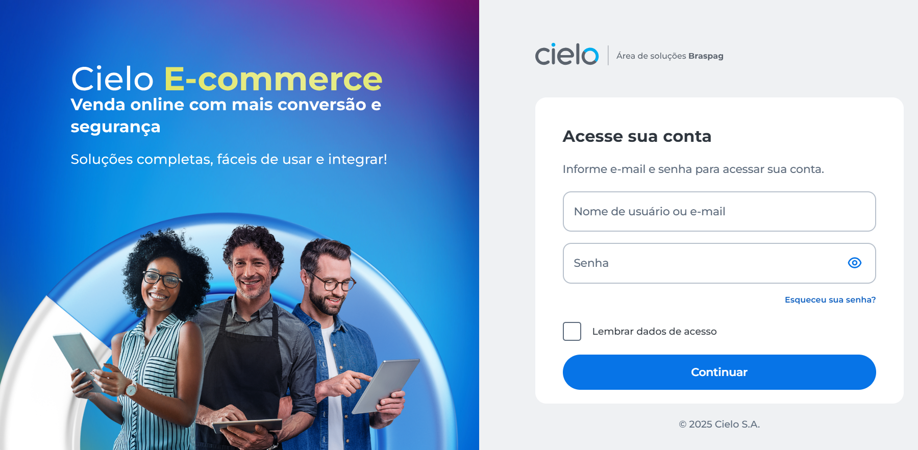 Banner promocional do Cielo E‑commerce com tr�s pessoas usando dispositivos digitais e, ao lado, tela de login da �rea de solu��es Braspag com campos de acesso e bot�o �Continuar�.
