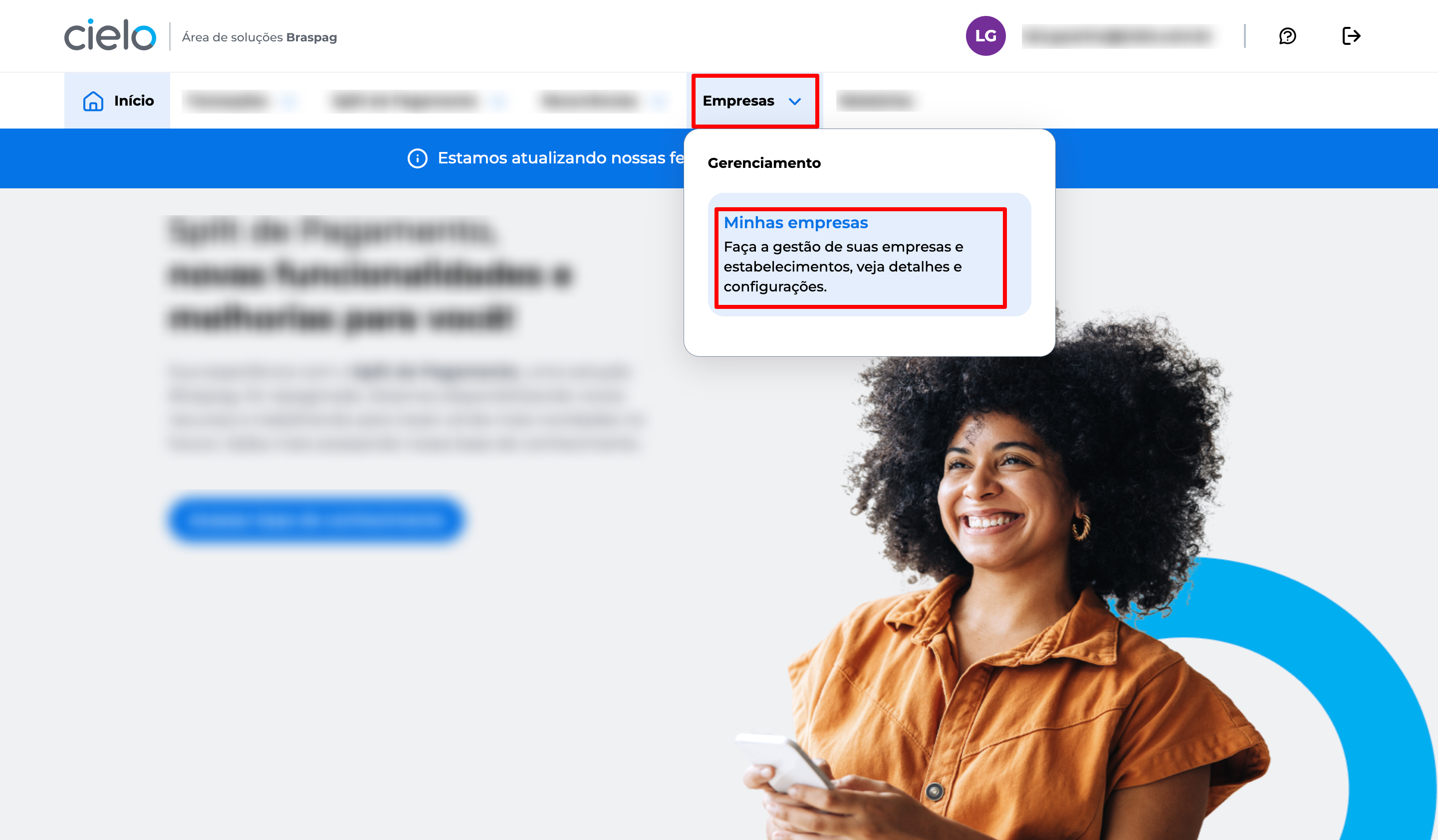 Tela inicial do Portal E-commerce exibindo o menu lateral com a op��o "Empresas" destacada. Abaixo, a op��o "Minhas Empresas" est� selecionada, indicando o caminho para visualizar os estabelecimentos vinculados ao CNPJ.