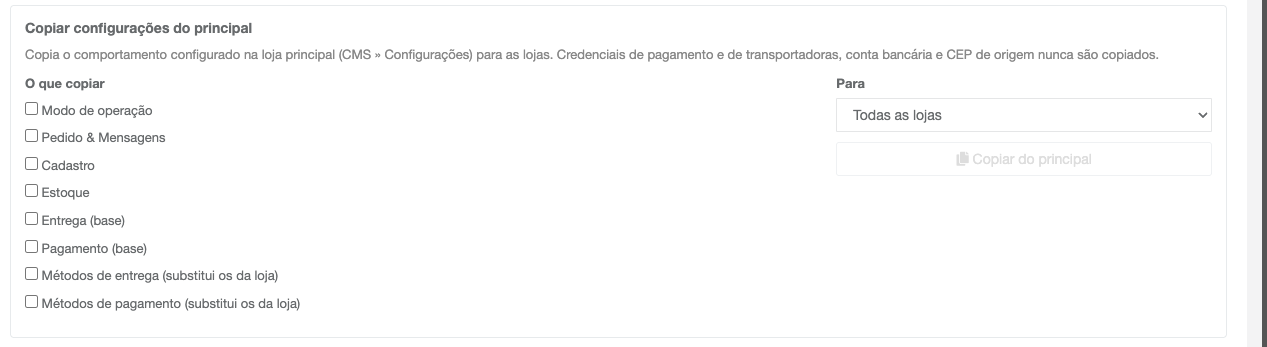 Copiar configurações do principal para as lojas